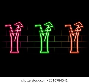 Conjunto de neon Cerveja e sinal de coquetel no fundo da parede de tijolo. Ilustração vetorial. Design para negócios de bar, pub e restaurante.