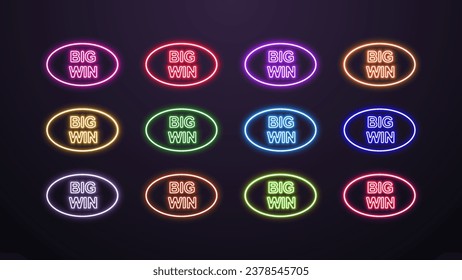 A set of neon big win icons in a frame in different bright colors on a dark background. A concept for casino and poker.