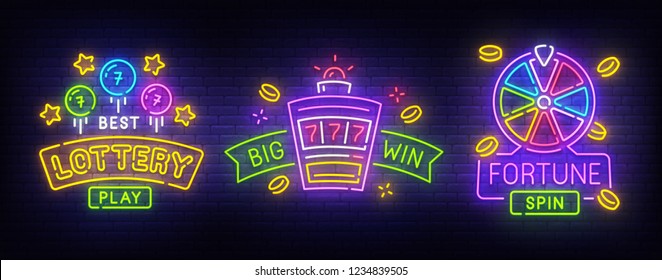 Set neon billboard Fortune. Lucky. Lottery logo, label and emblem. Neon sign, isolated sticker, bright signboard, light banner. 