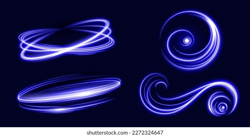 Conjunto de remolinos abstractos de neón azul aislados sobre fondo transparente. Ilustración vectorial realista del efecto de velocidad de círculo y luz, traza de movimiento de energía mágica, traza luminosa brillante, vórtice espiral