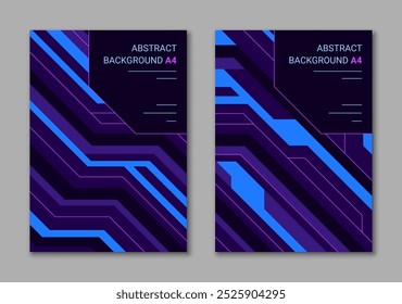 Conjunto de fundos azul neon para materiais de marketing de impressão vertical A4 em estilo cyberpunk com título.