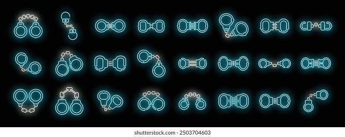 Set of neon blue handcuffs icons is glowing on a dark background, representing different types of restraints