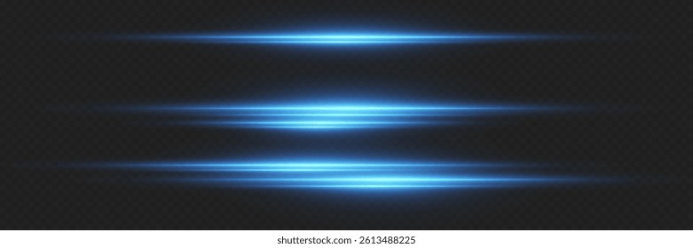 Set of neon blue light horizontal lines. On a transparent background.
