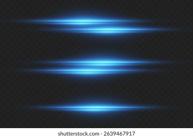 Set of neon blue light horizontal lines. On a transparent background.