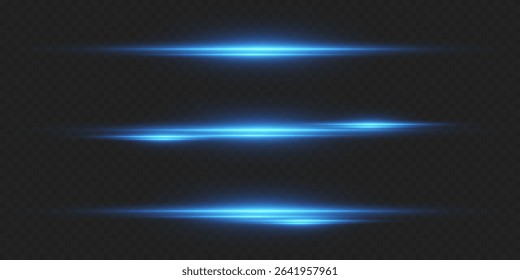 Set of neon blue light horizontal lines. On a transparent background.