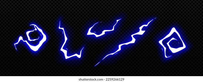 Set of neon blue lightning strike effects isolated on dark transparent background. Vector cartoon illustration of abstract magic energy ray, power strike, thunderbolt discharge. Game design elements