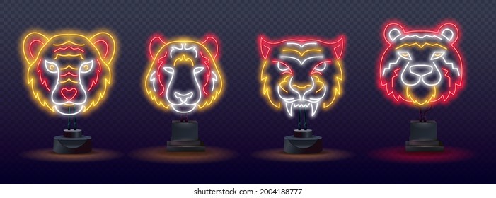 Set of neon blue water tiger 2022. Neon Chinese new year 2022 year of the tiger, line art character, neon style on black background.