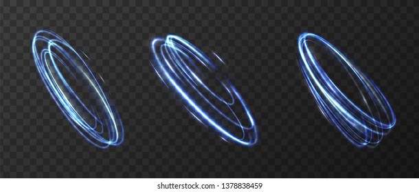 Set of neon blurry light circles at motion . Vector swirl trail effect . Abstract luminous rings slow shutter speed effect . Light paintings set . Abstract lights at motion exposure time