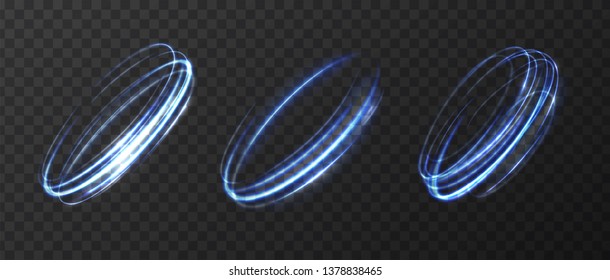Set of neon blurry light circles at motion . Vector swirl trail effect . Abstract luminous rings slow shutter speed effect . Light paintings set . Abstract lights at motion exposure time