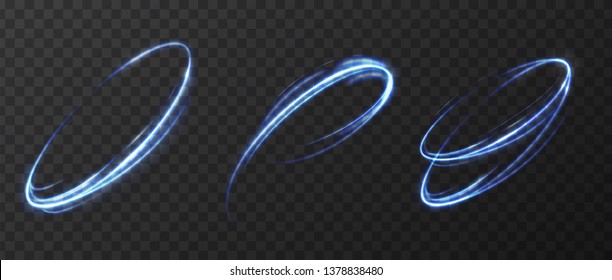 Set of neon blurry light circles at motion . Vector swirl trail effect . Abstract luminous rings slow shutter speed effect . Light paintings set . Abstract lights at motion exposure time