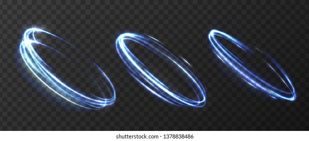 Set of neon blurry light circles at motion . Vector swirl trail effect . Abstract luminous rings slow shutter speed effect . Light paintings set . Abstract lights at motion exposure time