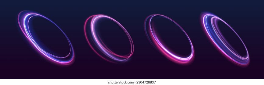 Set of neon blurry light circles at motion . Vector swirl trail effect.  Abstract vector fire circles, sparkling swirls and energy light spiral frames.