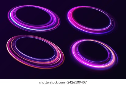Conjunto de círculos de luz borrosa de neón en movimiento . Efecto de remolino vectorial. Círculos de fuego vectoriales abstractos, remolinos brillantes y marcos de espiral de luz de energía.	
