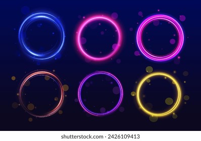 Set of neon blurry light circles at motion . Vector swirl trail effect. Abstract vector fire circles, sparkling swirls and energy light spiral frames.	