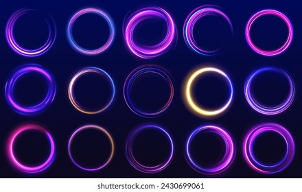 Set of neon blurry light circles at motion . Vector swirl trail effect. Abstract vector fire circles, sparkling swirls and energy light spiral frames.	