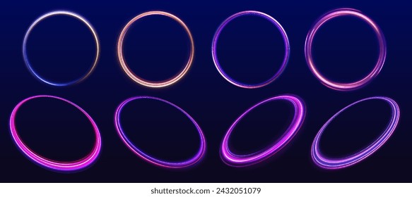 Set of neon blurry light circles at motion . Vector swirl trail effect. Abstract vector fire circles, sparkling swirls and energy light spiral frames.	