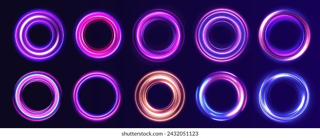 Set of neon blurry light circles at motion . Vector swirl trail effect. Abstract vector fire circles, sparkling swirls and energy light spiral frames.	