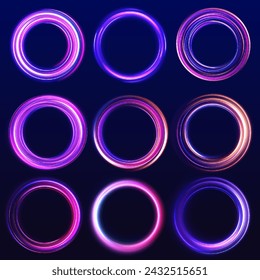 Set of neon blurry light circles at motion . Vector swirl trail effect. Abstract vector fire circles, sparkling swirls and energy light spiral frames.	