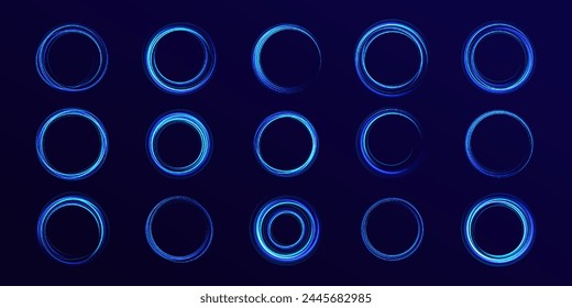 Conjunto de círculos de luz borrosa de neón en movimiento . Efecto de rastro de remolino de Vector . Luces Abstractas en tiempo de exposición al movimiento. Portal azul, resplandor mágico, brillo.