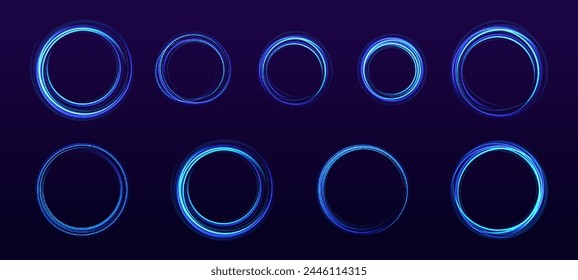 Set of neon blurry light circles at motion . Vector swirl trail effect . Abstract lights at motion exposure time. Blue portal, magic glow, shine.