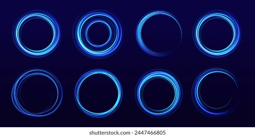 Set of neon blurry light circles at motion . Vector swirl trail effect . Abstract lights at motion exposure time. Blue portal, magic glow, shine.