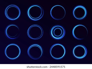 Set of neon blurry light circles at motion . Vector swirl trail effect . Abstract lights at motion exposure time. Blue portal, magic glow, shine.