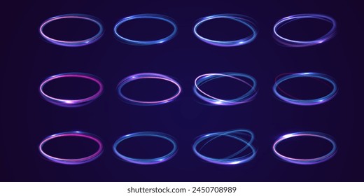 Set of neon blurry light circles at motion . Vector swirl trail effect. Abstract vector fire circles, sparkling swirls and energy light spiral frames.