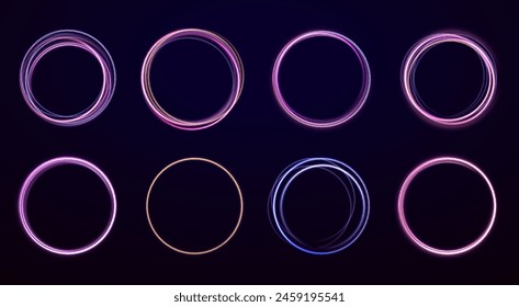 Conjunto de círculos de luz borrosa de neón en movimiento . Efecto de rastro de remolino de Vector. Línea de neón redondeada con efecto de luz. Túnel de flujo de energía. Diseño de movimiento de velocidad radiante. Vórtice de energía mágica con chispa	
