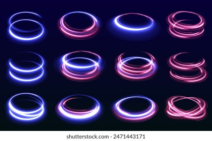 Conjunto de círculos de luz borrosa de neón en movimiento . Efecto de rastro de remolino de Vector. Abstractas círculos de fuego de Vector, remolinos brillantes y marcos de espiral de luz de energía.	