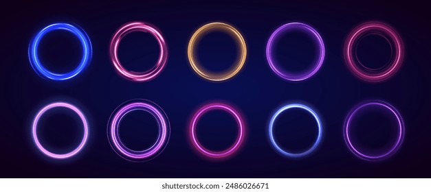 Conjunto de círculos de luz borrosa de neón en movimiento . Efecto de rastro de remolino de Vector. Abstractas círculos de fuego de Vector, remolinos brillantes y marcos de espiral de luz de energía.	
