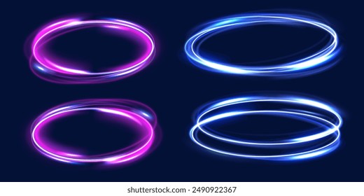 Conjunto de círculos de luz borrosa de neón en movimiento . Efecto de rastro de remolino de Vector. Abstractas círculos de fuego de Vector, remolinos brillantes y marcos de espiral de luz de energía.