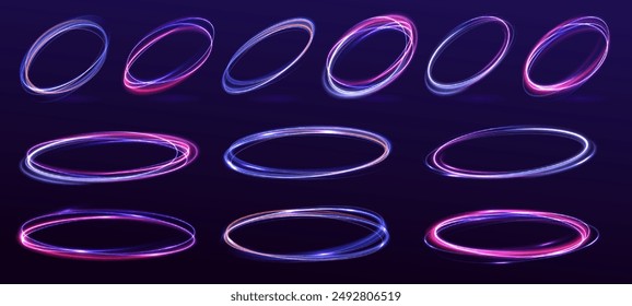 Set of neon blurry light circles at motion . Vector swirl trail effect. Abstract vector fire circles, sparkling swirls and energy light spiral frames.	