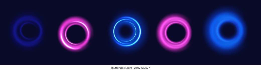 Set of neon blurry light circles at motion . Vector swirl trail effect. Abstract vector fire circles, sparkling swirls and energy light spiral frames.