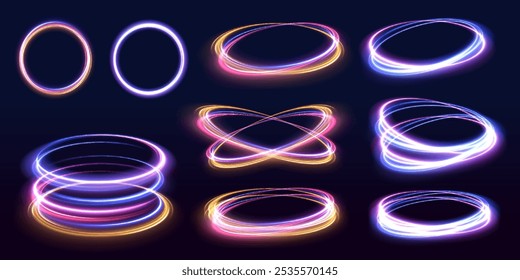 Conjunto de círculos de luz neon embaçados em movimento. Túnel de fluxo de energia. Portal azul, plataforma. Efeito de rastro de redemoinho de vetor de círculo mágico.	