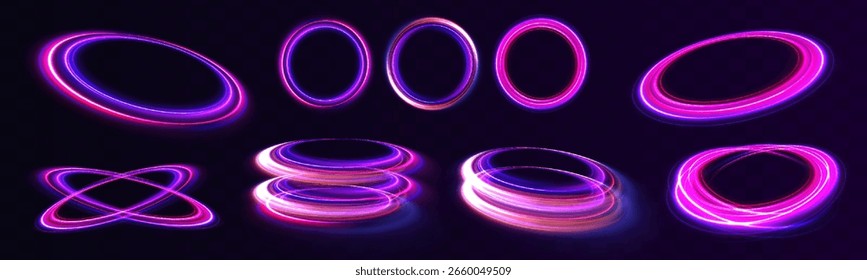 Set of neon blurry light circles at motion . Vector swirl trail effect. Abstract vector fire circles, sparkling swirls and energy light spiral frames.	
