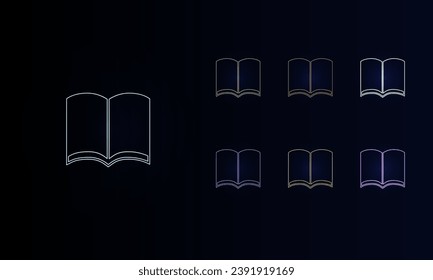 A set of neon book symbols. Set of different color symbols, faint neon glow. Vector illustration on black background