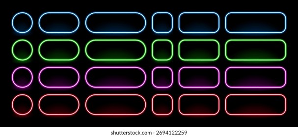 Set of neon border frame for modern design. Glowing led outline shape of circle, rounded rectangle for banner, sale, price tag.