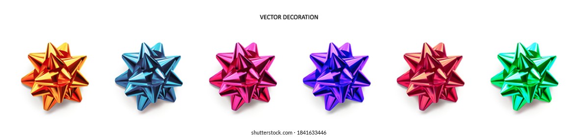 Set of neon bows, pink, blue, violet, green, orange, red color metallic with shadow on isolated white background. Realistic vector decoration for holiday