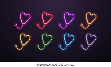 A set of neon bright, glowing, brilliantly phonendoscope icons in colors, white, blue, orange, yellow, red, purple, pink and green on a dark background. Logo for healthcare and medicine.