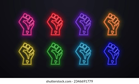 A set of neon bright glowing fist icons in different colors. A concept for black lives matter.