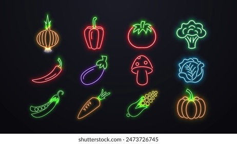 A set of neon bright glowing icons of vegetables carrots, corn, cabbage, eggplant, onion, mushroom, pepper, pumpkin, tomato and peas in different colors on a dark background.