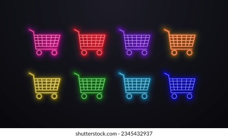 A set of neon bright glowing trolley icons for products in different colors: green, red, blue, purple, orange, yellow on a black background.