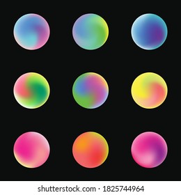 conjunto de gradientes brillantes de neón en forma de círculo sobre un fondo negro. colección de colores de nueve opciones. ilustración vectorial de stock. EPS 10.