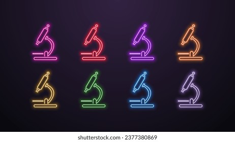 A set of neon bright microscope icons in the colors blue, orange, yellow, pink, white, red, purple and green on a dark background. Logo for the topic science and education.