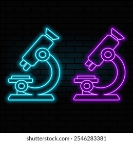 Un conjunto de iconos de microscopio de neón brillante en los colores azul, naranja, amarillo, rosa, blanco, rojo, púrpura y verde sobre un fondo oscuro. Logo para el tema ciencia y educación.