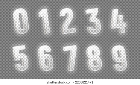 Set of neon bright numbers. Vector illustration with 3d neon glowing numbers isolated on checkered background.