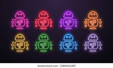 A set of neon bright shiny LED AI robot icons with artificial intelligence in the colors blue, yellow, white, orange, green, red, pink and purple on a dark background.