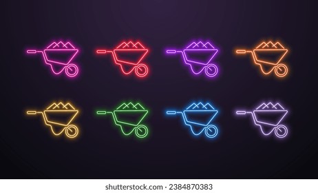 A set of neon bright shiny wheelbarrows for gardening and construction work in different colors on a dark background.