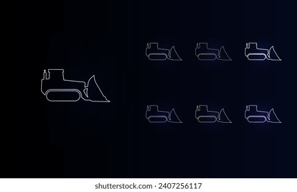 A set of neon bulldozer symbols. Set of different color symbols, faint neon glow. Vector illustration on black background