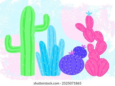 Set of neon cacti. Cactus and succulent plants. Green, blue, violet and pink tropical and exoic flowers. Wild flora. Flat vector illustration isolated on white background